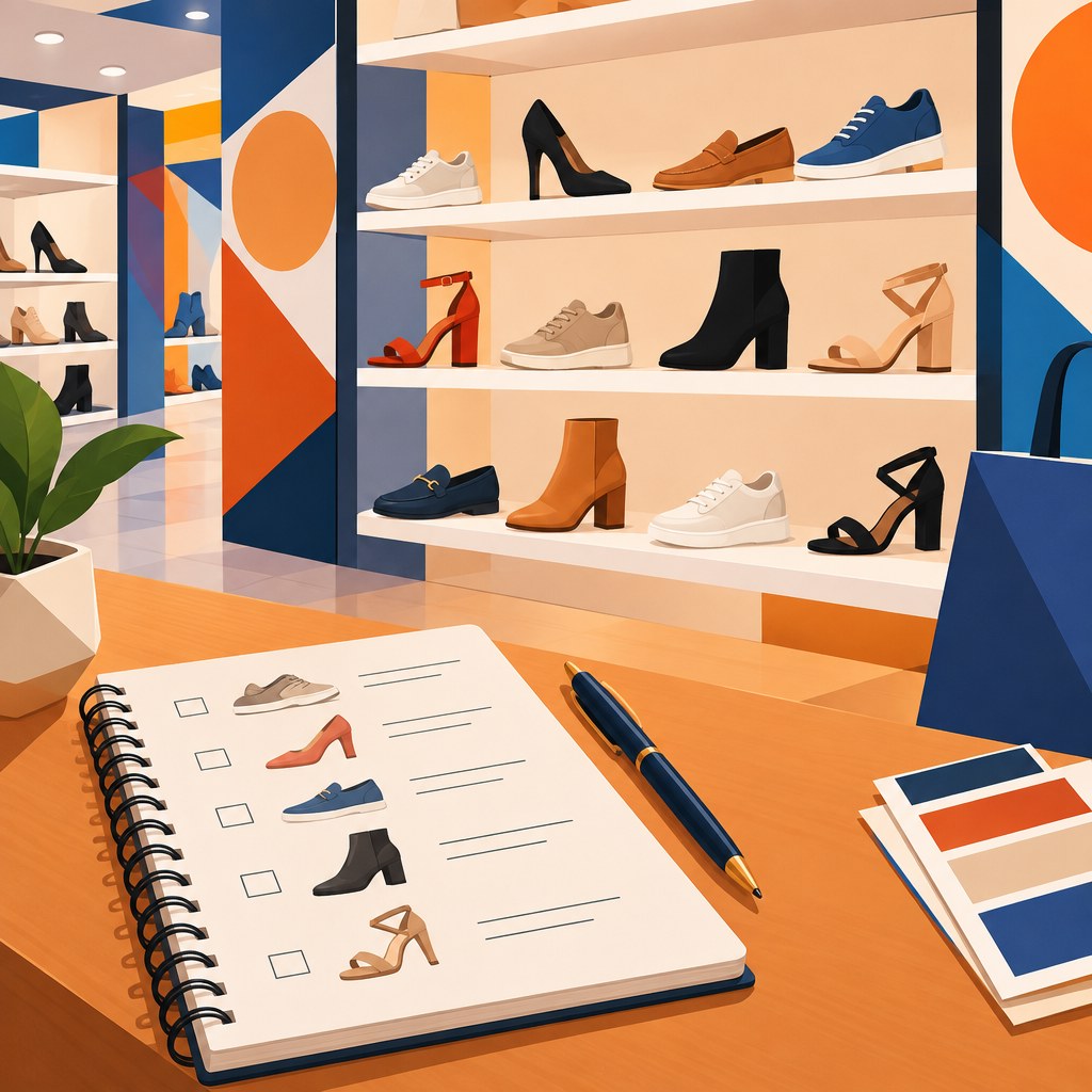 Ilustração sobre planejamento de compras em feira de calçados