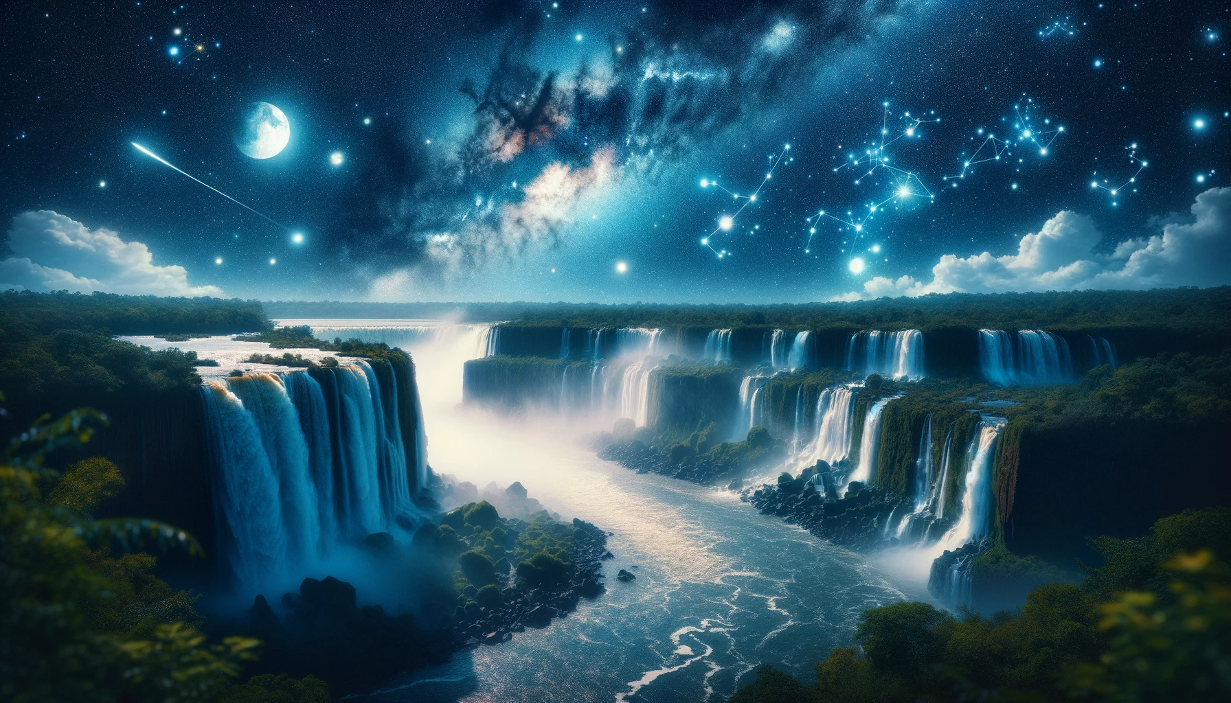 imagem ilustrativa das Cataratas do Iguaçu sob um céu noturno e estrelado, evocando a beleza da astronomia