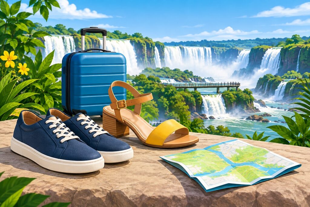 Ilustração sobre turismo e compras de calçados em Foz do Iguaçu